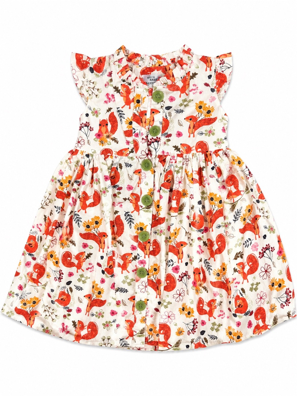 Cute Cotton Fox-Print Dress with Green Buttons